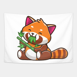 Cute Red Panda Eating Bamboo Cartoon Tapestry
