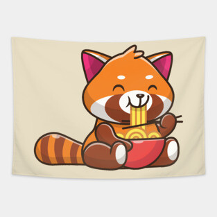 Cute Red Panda Eating Noodle Cartoon Tapestry