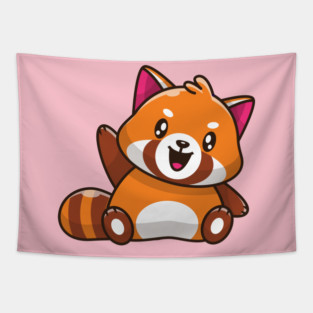 Cute Red Panda Waving Hand Cartoon Tapestry