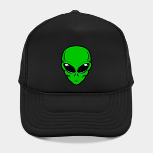 Green alien head with big black eyes Hat