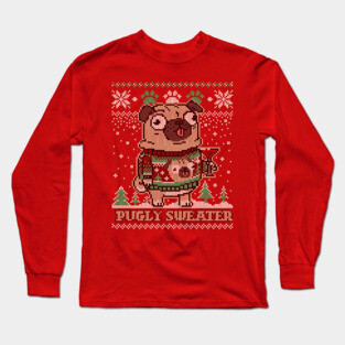 Pugly Christmas Sweater Pug T shirt Merry Pugmas Dog Lover Long Sleeve T-Shirt