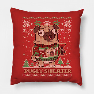 Pugly Christmas Sweater Pug T shirt Merry Pugmas Dog Lover Pillow