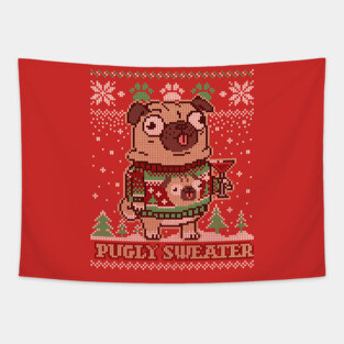 Pugly Christmas Sweater Pug T shirt Merry Pugmas Dog Lover Tapestry