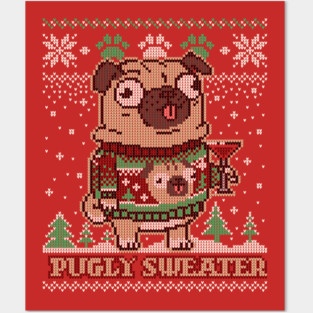Pugly Christmas Sweater Pug T shirt Merry Pugmas Dog Lover Posters and Art