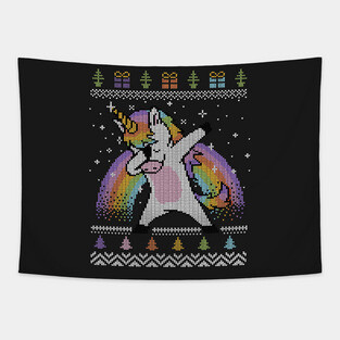 Dabbing Unicorn Ugly Sweater Tapestry