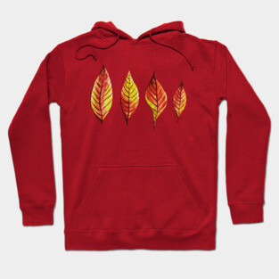 Four Red Yellow Watercolor Painted Autumn Leaves Hoodie