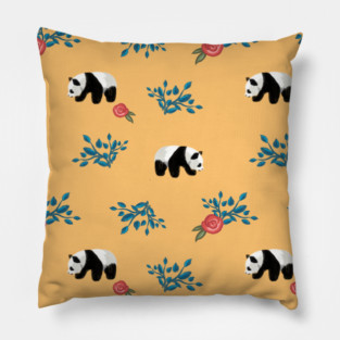 Floral Panda Pattern with Roses on Peach Background Pillow