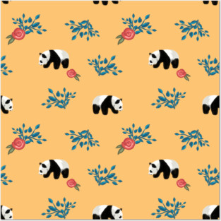 Floral Panda Pattern with Roses on Peach Background Posters and Art