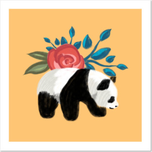 Floral Panda with Rose on Peach Posters and Art