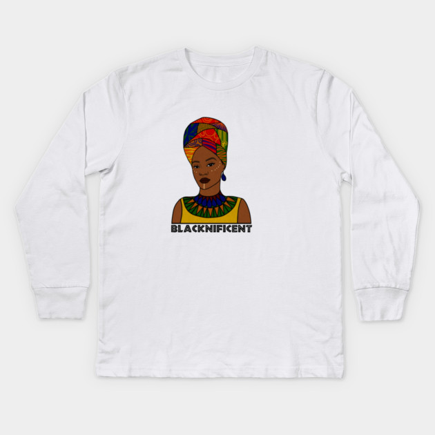 Black is Magnificent, Black Pride, Afro Woman Kids Long Sleeve T-Shirt by logiamerch