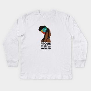 Proud Ethiopian Woman, Ethiopia Flag, Afro African Kids Long Sleeve T-Shirt