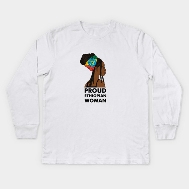 Proud Ethiopian Woman, Ethiopia Flag, Afro African Kids Long Sleeve T-Shirt by logiamerch