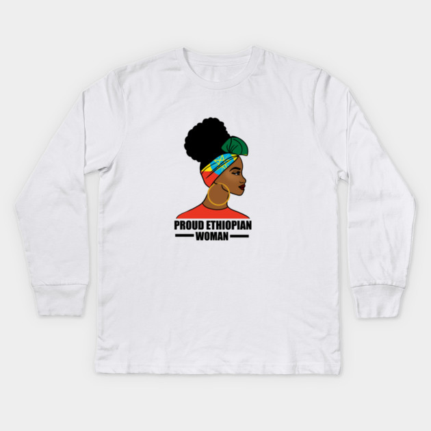 Proud Ethiopian Woman, Ethiopia Flag, Afro African Kids Long Sleeve T-Shirt by logiamerch
