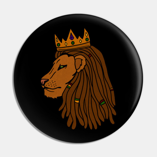 African Lion, Rasta, Dreadlocks, Lion with Crown Pin by logiamerch