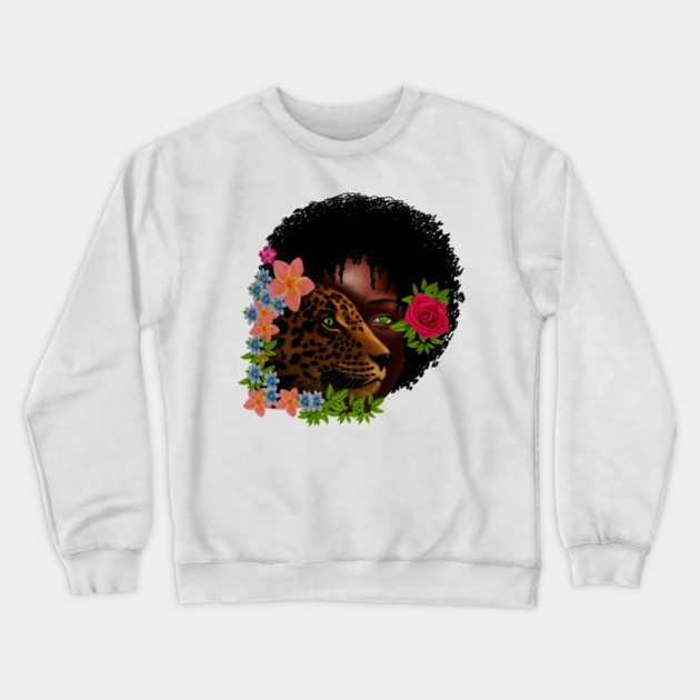 Afro African Woman with Leopard, Tropical Floral Crewneck Sweatshirt by logiamerch