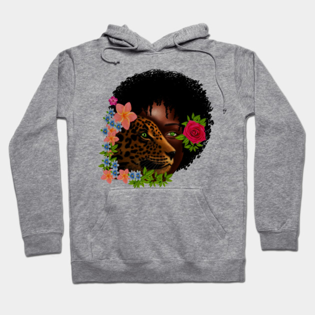 Afro African Woman with Leopard, Tropical Floral Hoodie by logiamerch