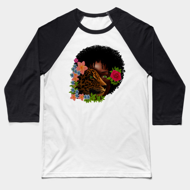 Afro African Woman with Leopard, Tropical Floral Baseball T-Shirt by logiamerch