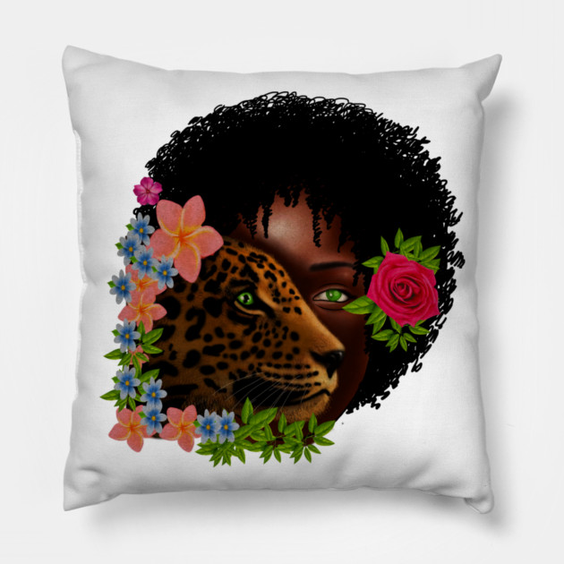 Afro African Woman with Leopard, Tropical Floral Pillow by logiamerch