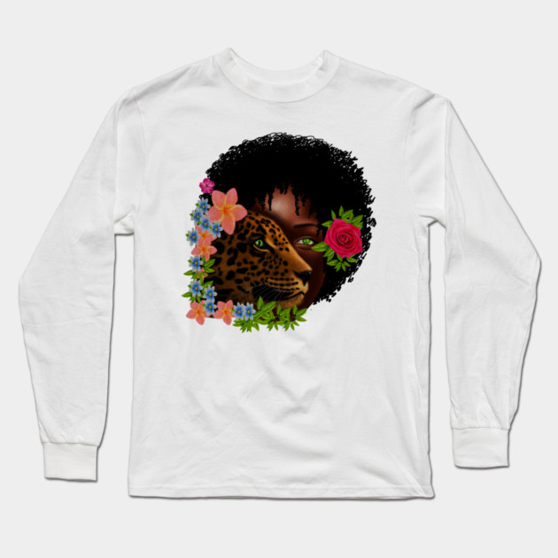 Afro African Woman with Leopard, Tropical Floral Long Sleeve T-Shirt by logiamerch
