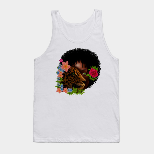 Afro African Woman with Leopard, Tropical Floral Tank Top by logiamerch