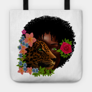 Afro African Woman with Leopard, Tropical Floral Tote