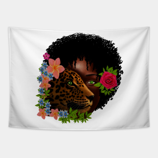 Afro African Woman with Leopard, Tropical Floral Tapestry by logiamerch