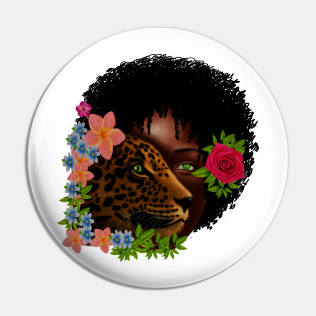 Afro African Woman with Leopard, Tropical Floral Pin by logiamerch