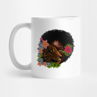 Afro African Woman with Leopard, Tropical Floral Mug