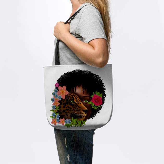 Afro African Woman with Leopard, Tropical Floral by logiamerch