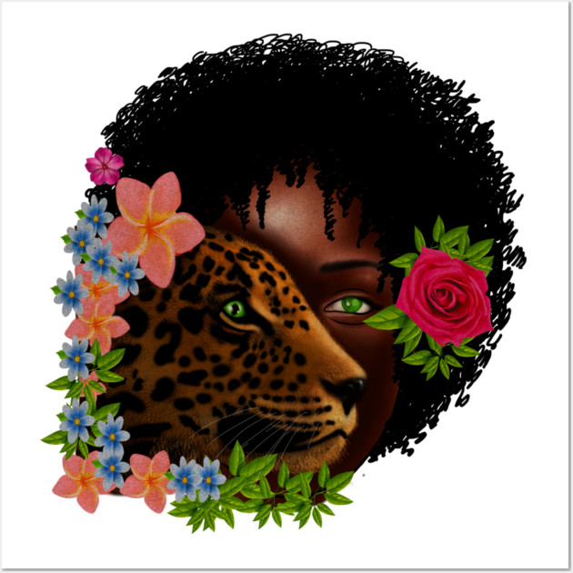 Afro African Woman with Leopard, Tropical Floral Wall Art by logiamerch