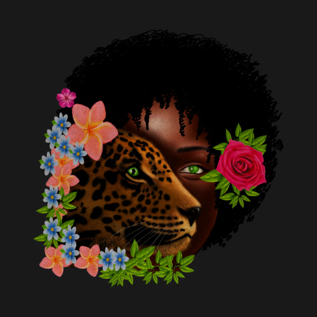 Afro African Woman with Leopard, Tropical Floral by logiamerch