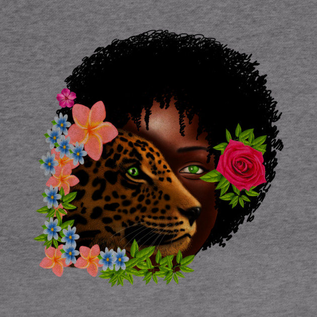 Afro African Woman with Leopard, Tropical Floral by logiamerch
