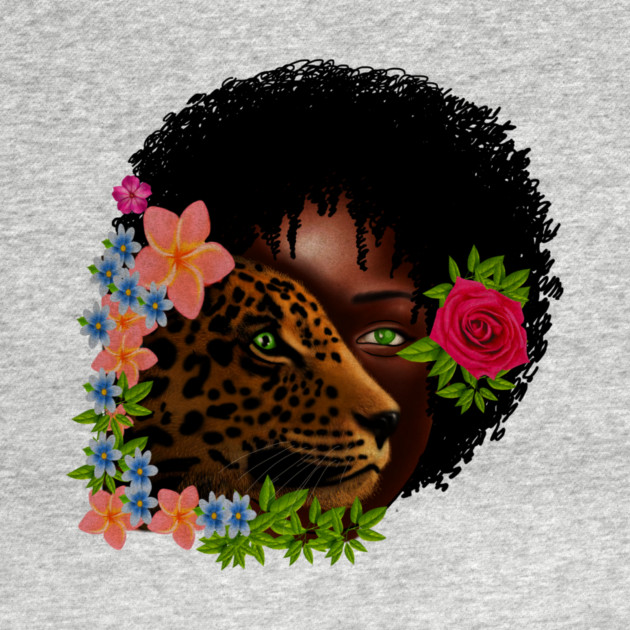 Afro African Woman with Leopard, Tropical Floral by logiamerch