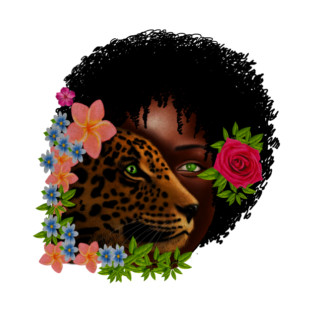 Afro African Woman with Leopard, Tropical Floral T-Shirt