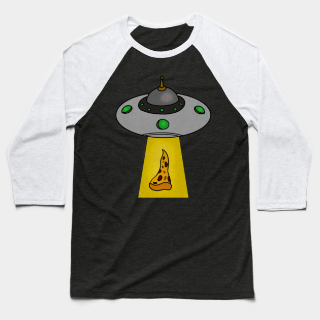 Funny Pizza Lover, UFO Beaming Baseball T-Shirt by logiamerch