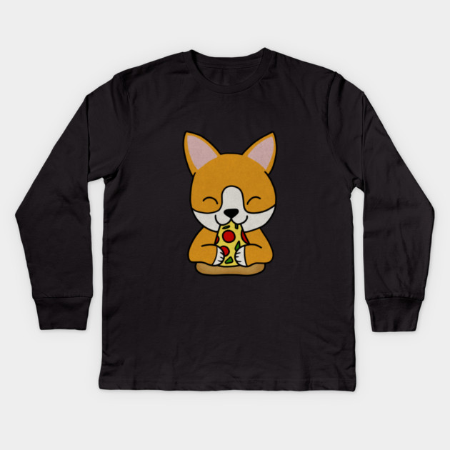 Cute shiba inu Dog Eating Pizza Kids Long Sleeve T-Shirt by logiamerch