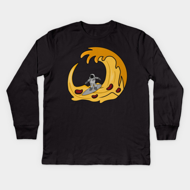 Funny Pizza Lover, Astronaut Surfing Kids Long Sleeve T-Shirt by logiamerch
