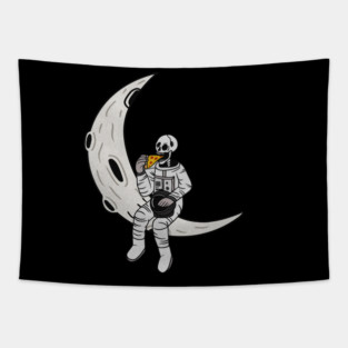 Funny Astronaut skeleton eating pizza on the Moon Tapestry