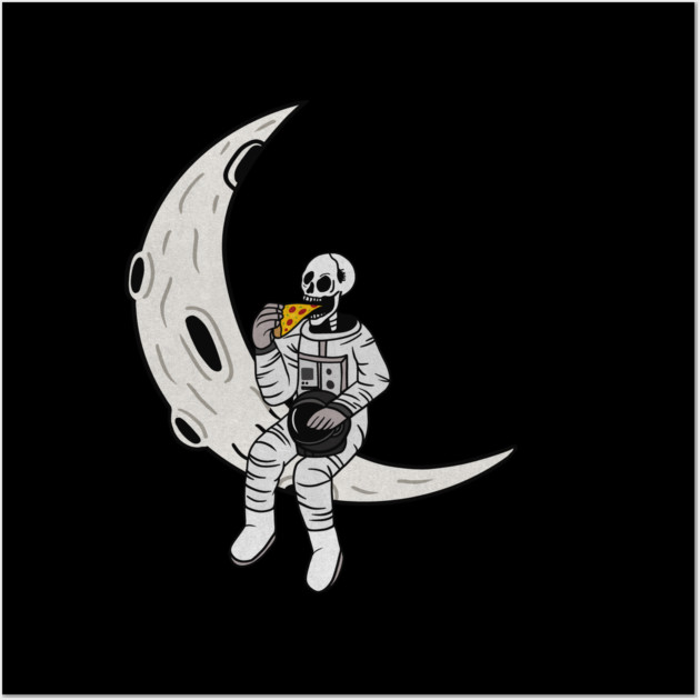 Funny Astronaut skeleton eating pizza on the Moon Wall Art by logiamerch