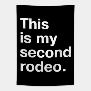 "This is my second rodeo." in plain white letters - cos you're not the noob, but barely Tapestry