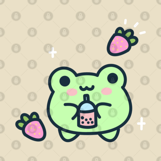 Frog drinking strawberry boba by Miaufu&amp;Friends