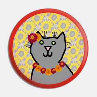Funny Marigold Floral Cat Portrait Pin