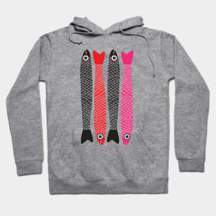 ANCHOVIES Bright Graphic Fun Groovy Fish in Black Red Pink - Vertical Layout - UnBlink Studio by Jackie Tahara Hoodie