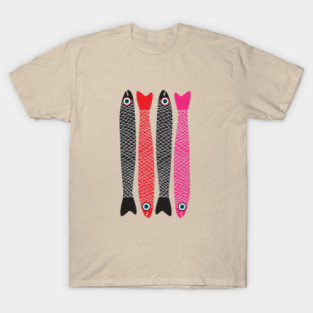 ANCHOVIES Bright Graphic Fun Groovy Fish in Black Red Pink - Vertical Layout - UnBlink Studio by Jackie Tahara T-Shirt