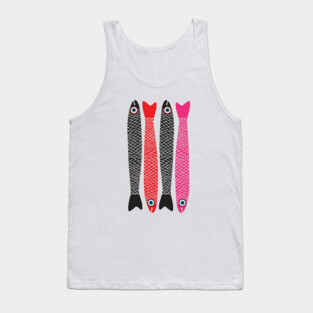 ANCHOVIES Bright Graphic Fun Groovy Fish in Black Red Pink - Vertical Layout - UnBlink Studio by Jackie Tahara Tank Top
