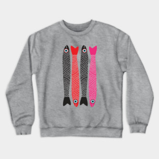 ANCHOVIES Bright Graphic Fun Groovy Fish in Black Red Pink - Vertical Layout - UnBlink Studio by Jackie Tahara Crewneck Sweatshirt