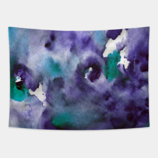 Abstract colorful background with hand-painted frozen texture. Watercolor blue-turquoise-violet painting with splashes, drops of paint, paint smear. Design for the fabric, wallpaper, cover, packaging. Tapestry