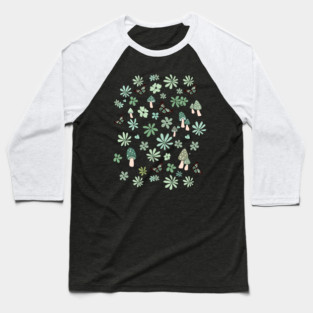 Light Green and Sage Flowers Butterflies and Mushrooms Cottagecore Aesthetic Baseball T-Shirt