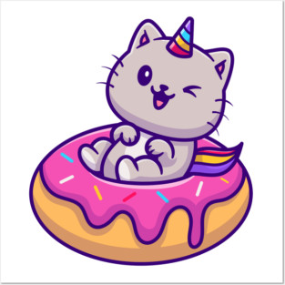 Cat Unicorn With Doughnut Cartoon Vector Icon Illustration Posters and Art