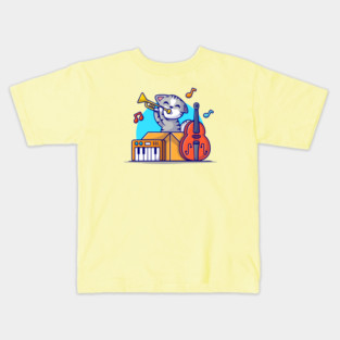 Cute Cat Playing Jazz Music in Box with Saxophone, Piano and Contrabass Cartoon Vector Icon Illustration Kids T-Shirt